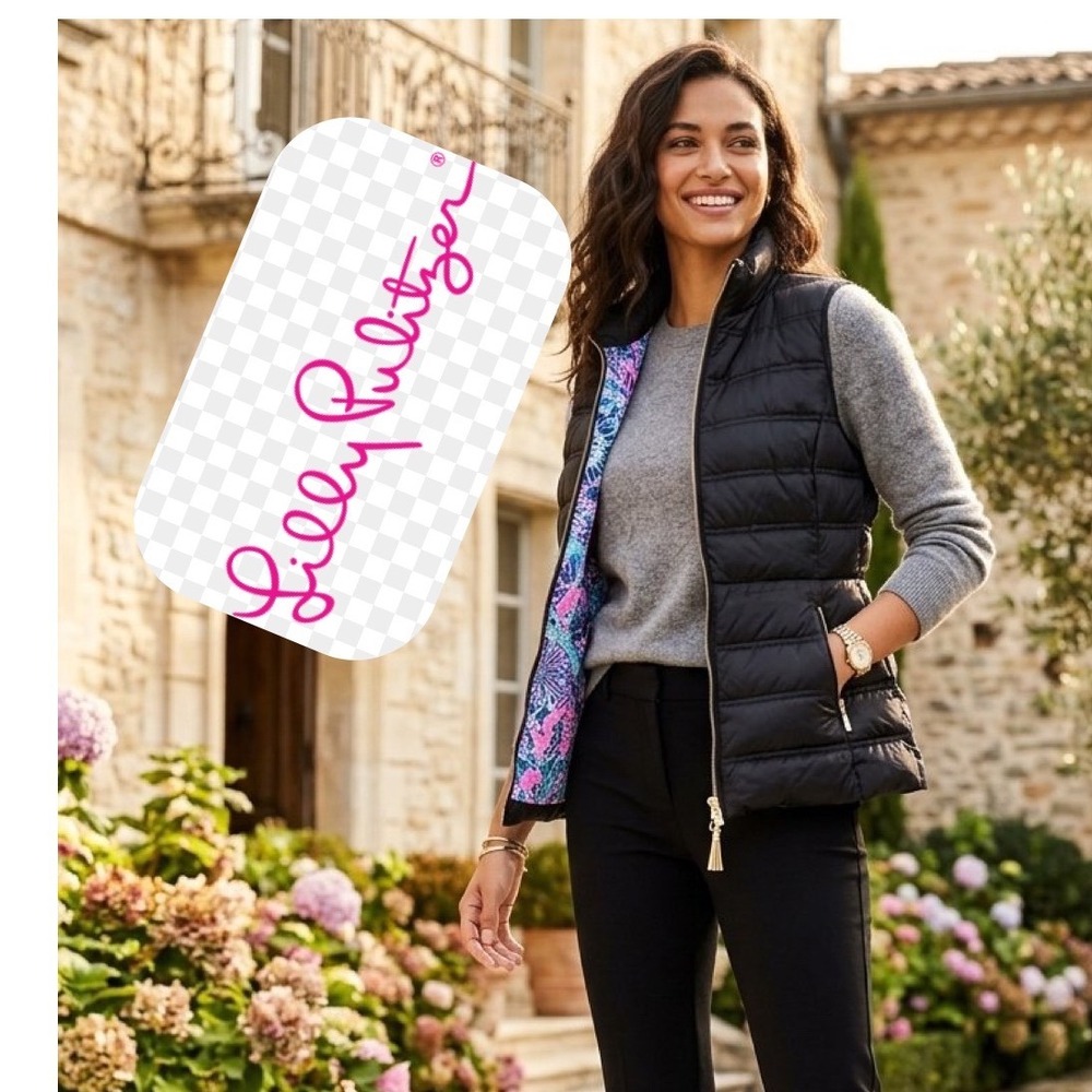 Lilly Pulitzer Elana Puffer Vest Onyx Black Down Filled Floral Lining Small NEW